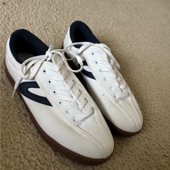 Tretorn Shoes - Tretorn White Canvas Sneakers with Navy Accent and Gum Sole